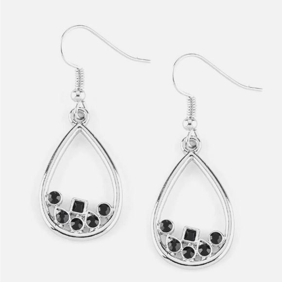NWT Paparazzi Radiance Raindrop - Silver & Black Teardrop Hoop Earrings - Picture 2 of 2